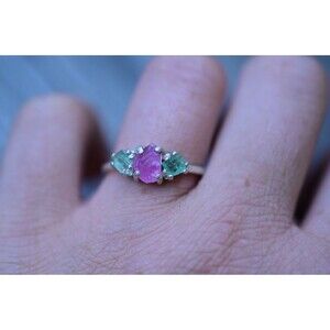 Light green emerald and pink tourmaline ring, raw stone rings, alternative engag